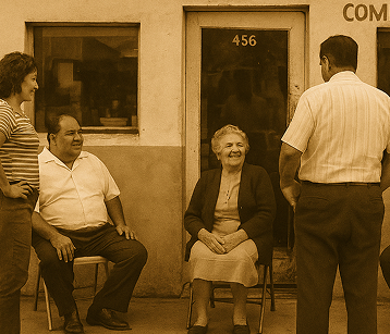 Family sitting outside restaurant