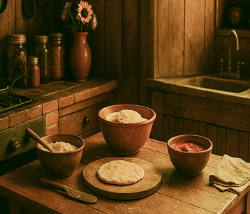 Kitchen bowls and ingredients